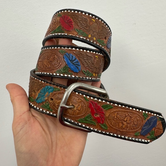 Accessories - Vintage Western Brown Tooled Leather Belt Made in Mexico Hand Painted Size M